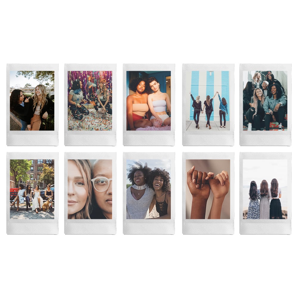 Grid of nine polaroid-style photos featuring people in various settings.