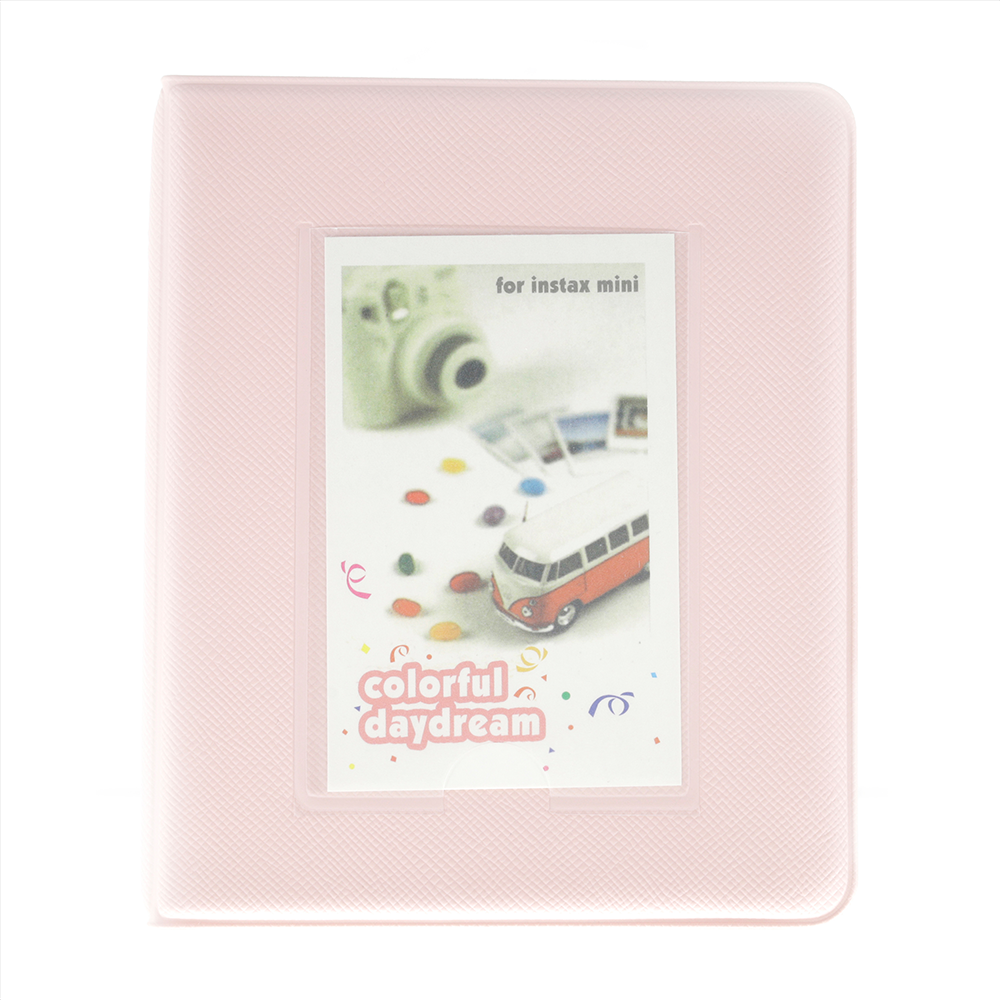 Pink photo album with a window displaying an Instax camera and van design on a white background