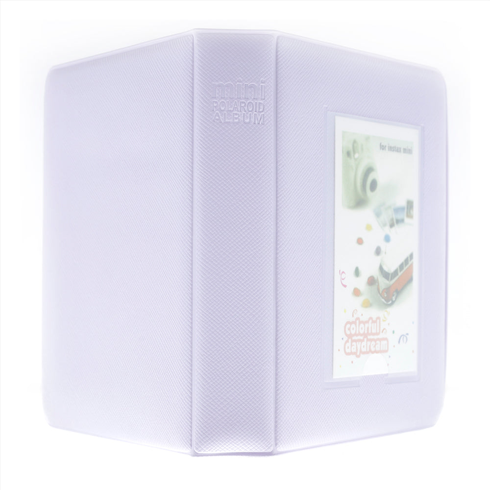 White photo album with a window on the cover displaying a camera image.