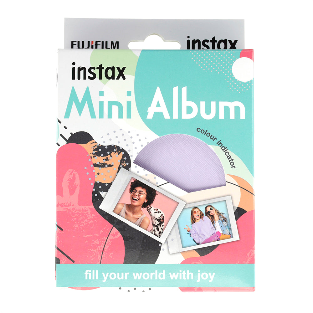 Fujifilm Instax Mini Album packaging with colorful design and photos on a white background