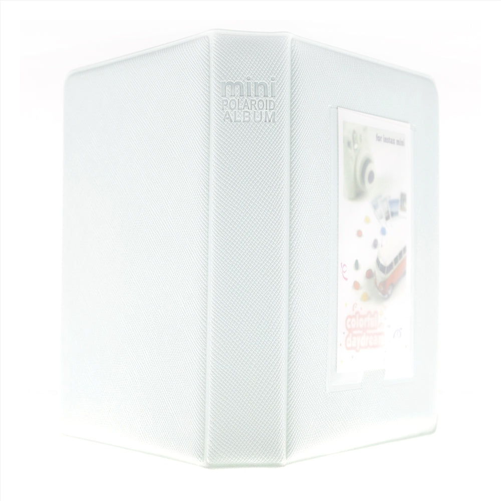 White Polaroid photo album with colorful design on a white background