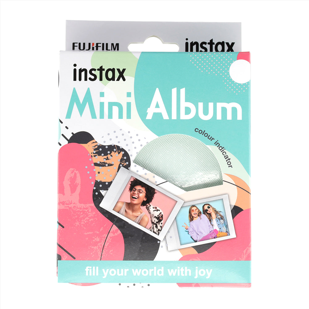 Fujifilm Instax Mini Album packaging with colorful design and photos on a white background