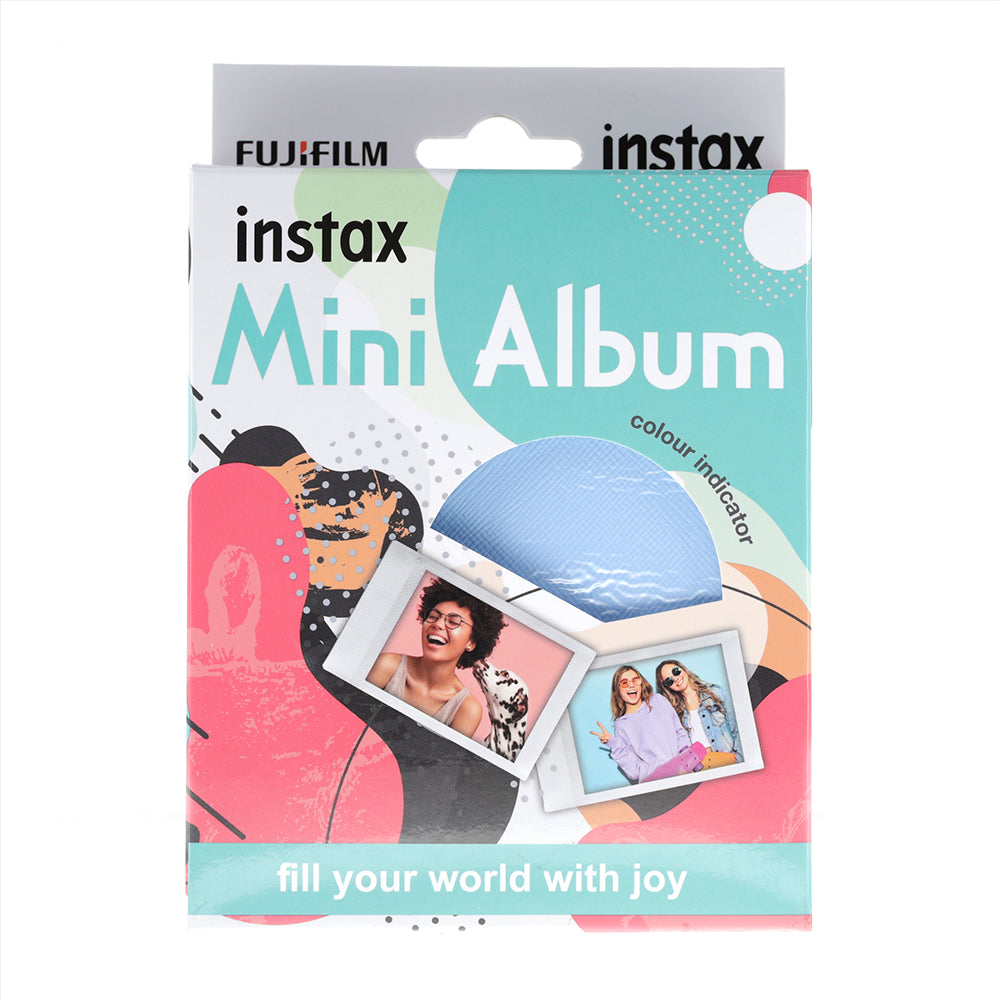 Fujifilm Instax Mini Album packaging with colorful design and photos on a white background