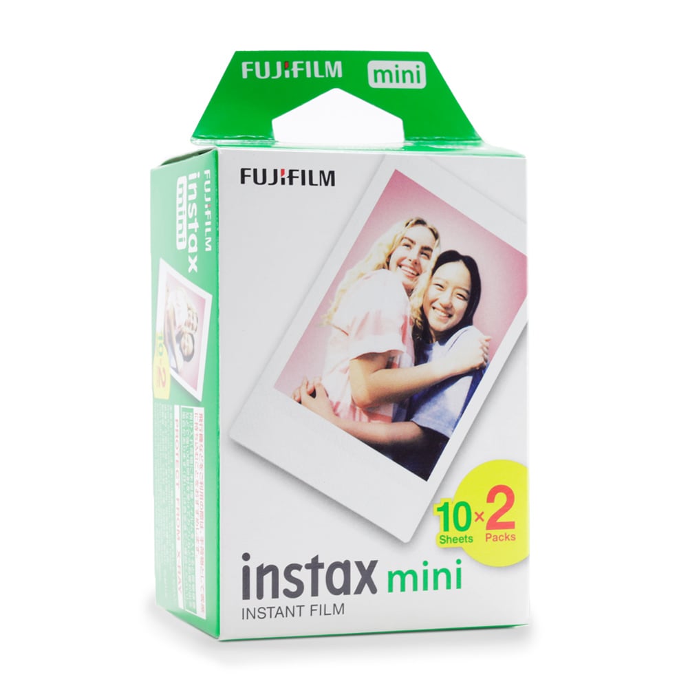 Packaging of Fujifilm Instax Mini instant film with a photo of two people on a white background