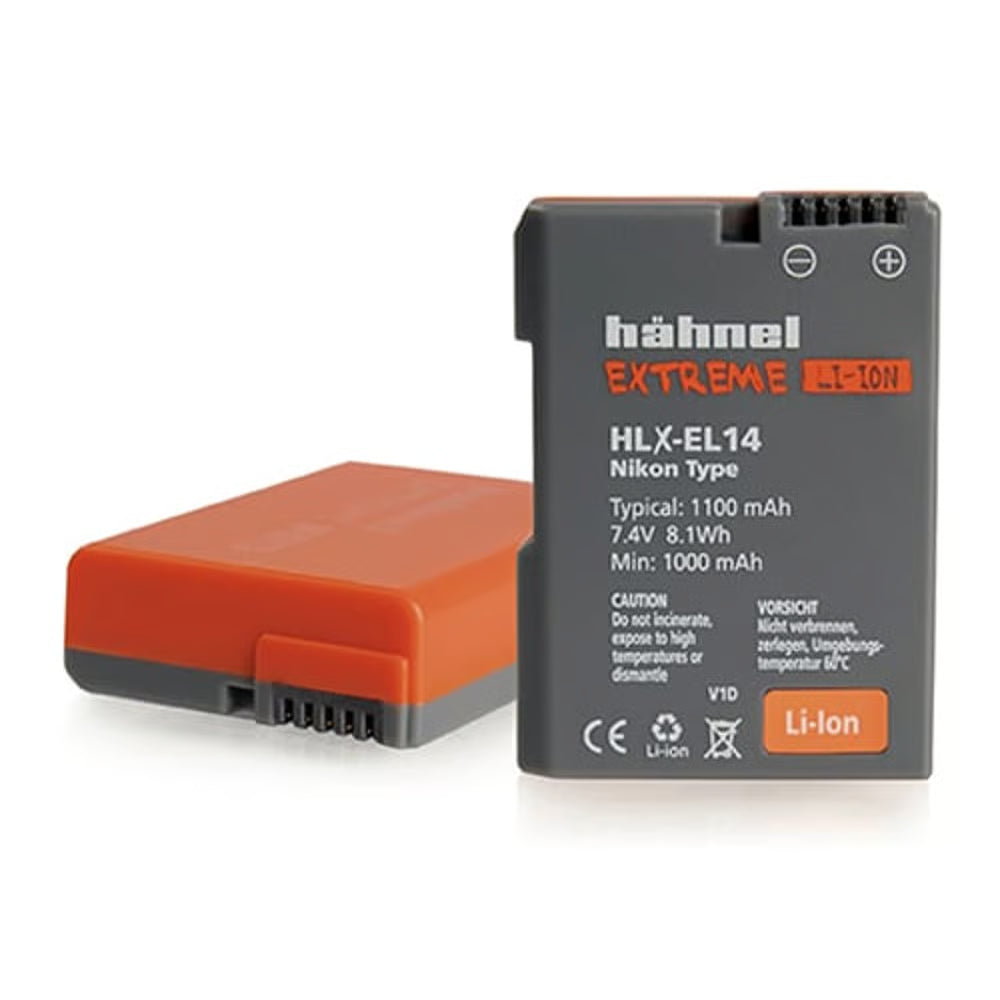 Two camera batteries, one orange and one gray with branding, on a white background