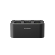 Black multi-bay battery charger with 'insta360' branding on a white background