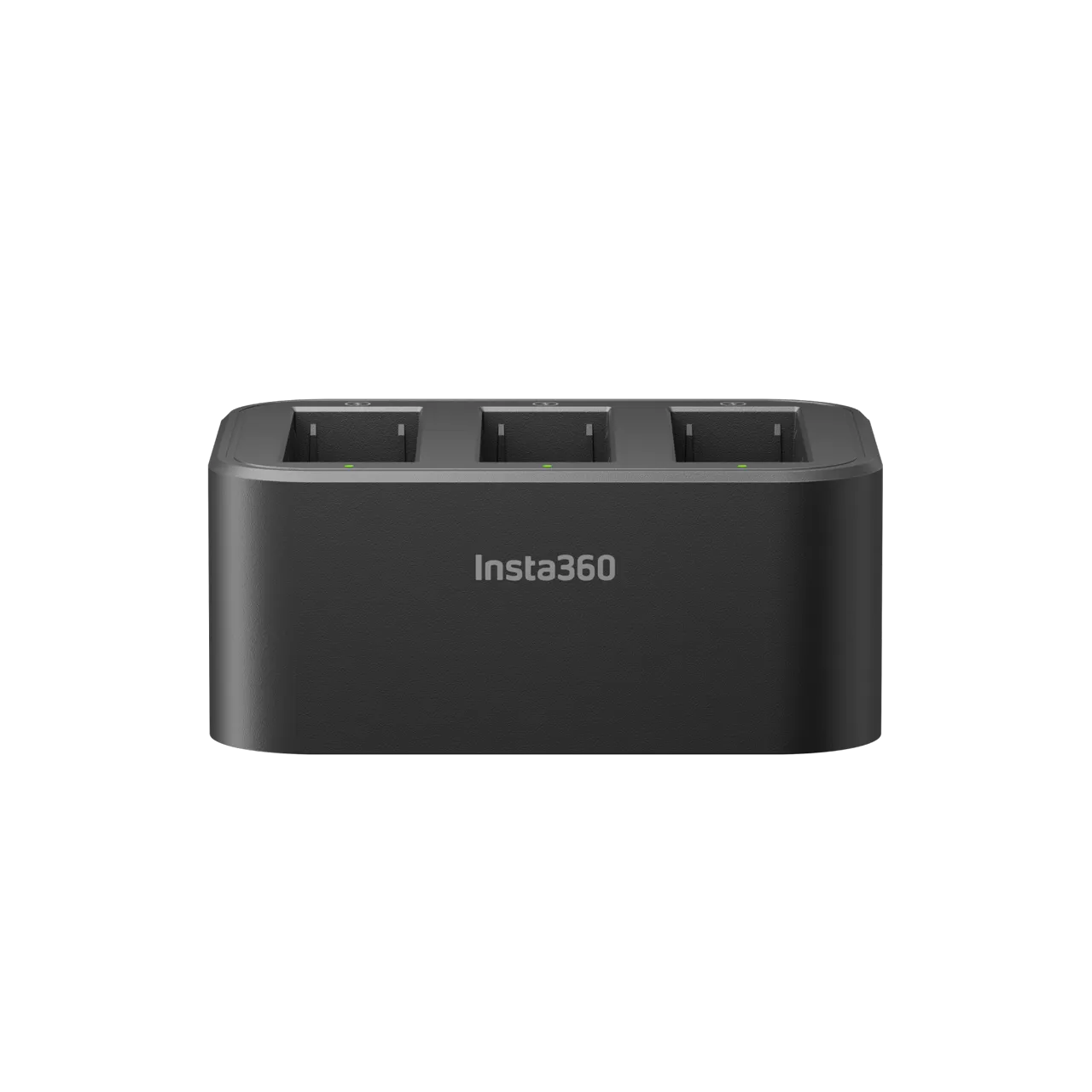 Black multi-bay battery charger with 'insta360' branding on a white background