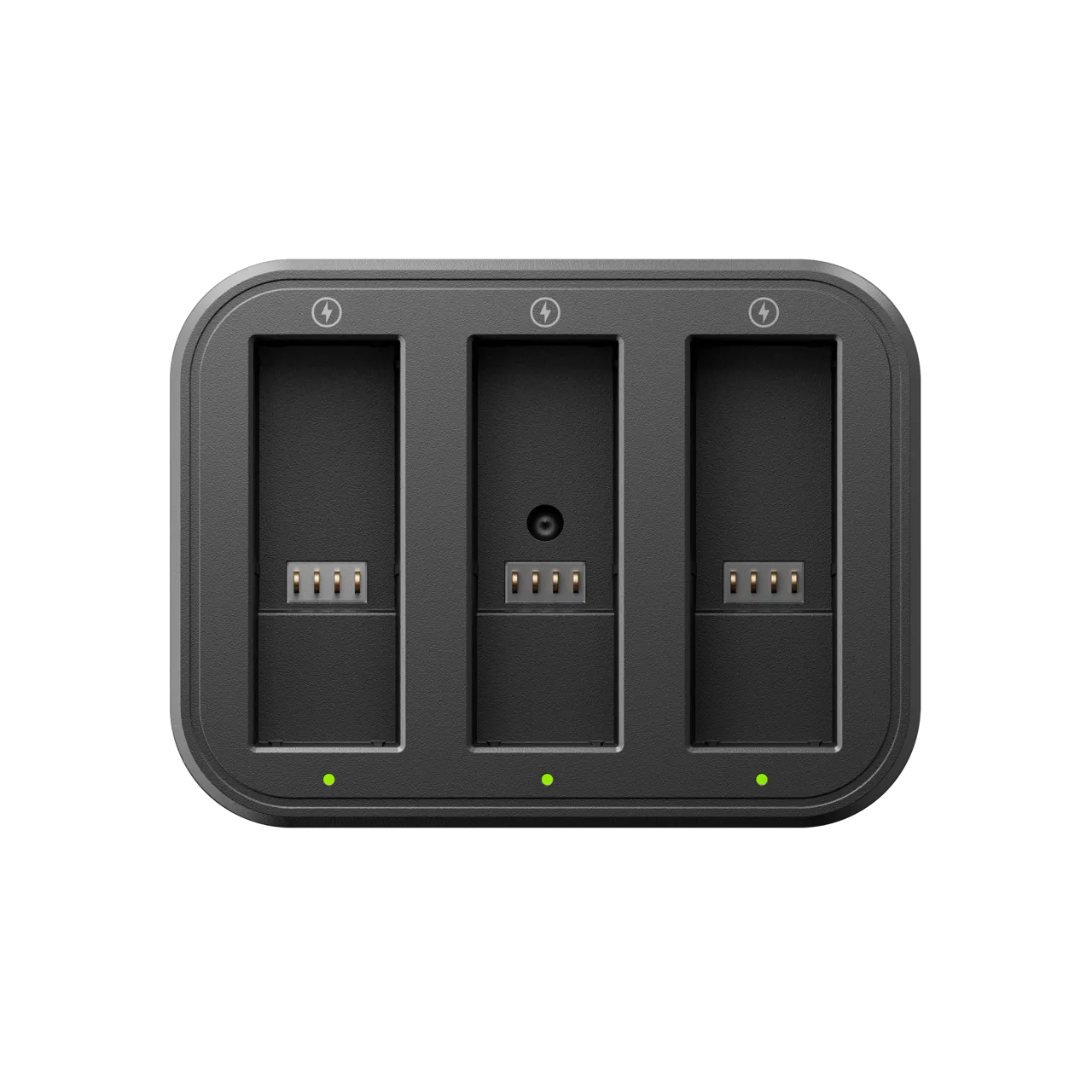 Black triple battery charger with three slots on a white background