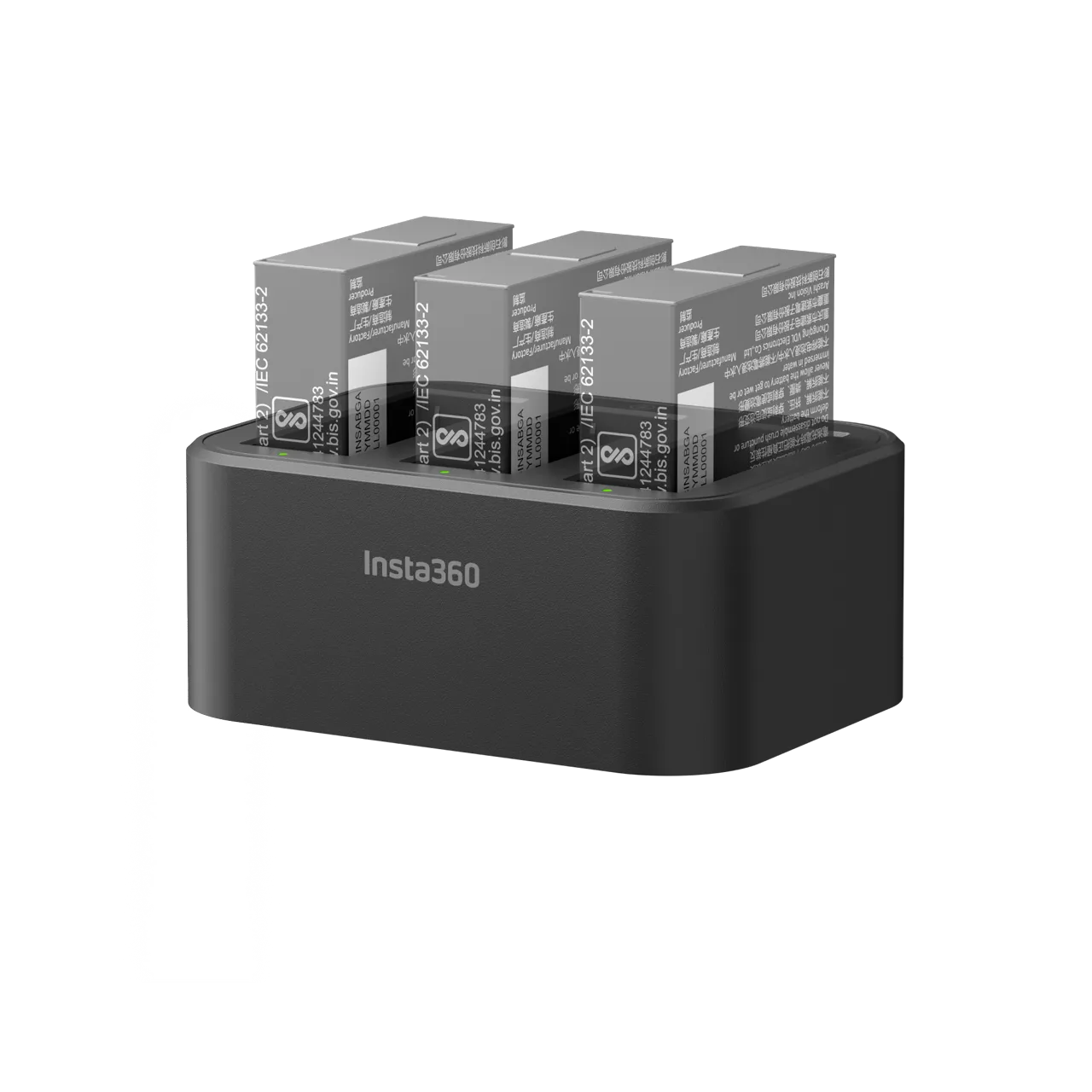 Black charging station with Insta360 branding holding multiple charging blocks.