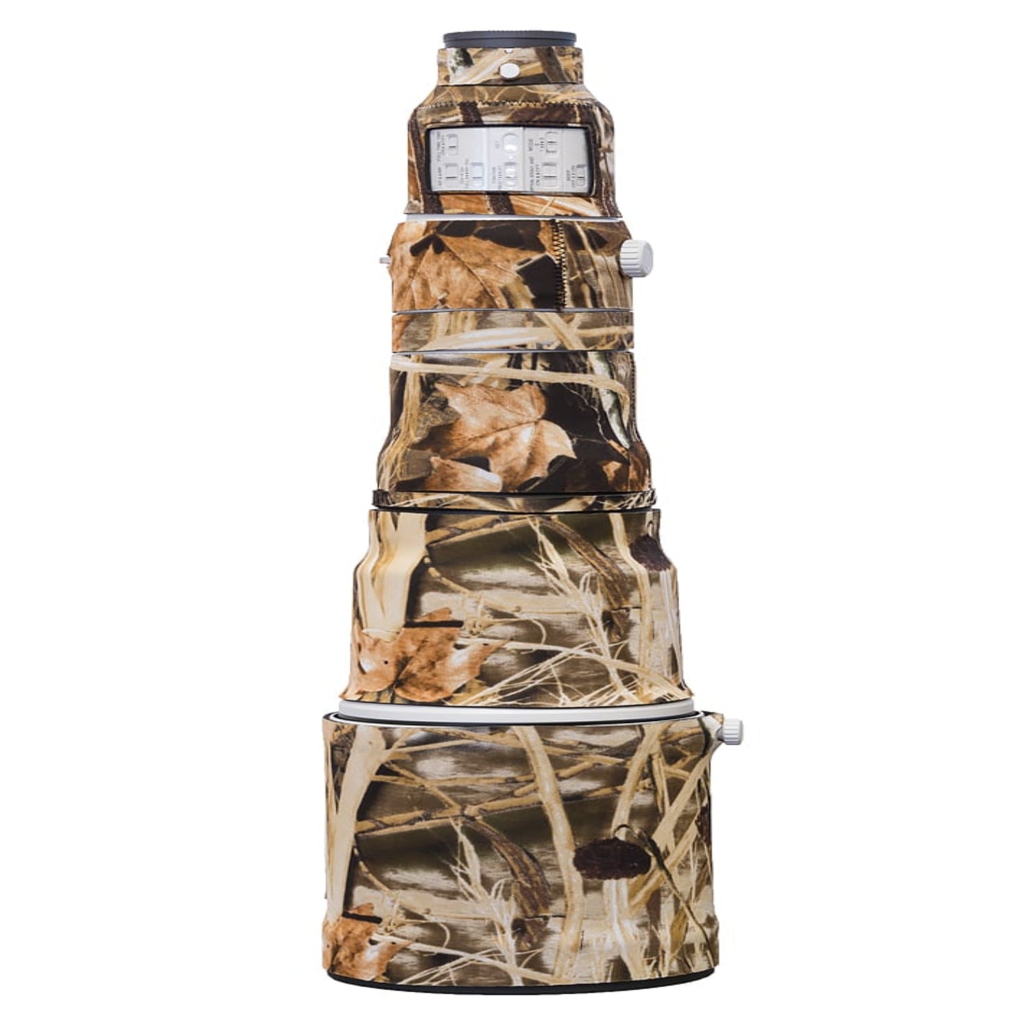 The Realtree Lens Cover for the Sony FE 600mm F4 GM OSS Lens from LensCoat is a closed-cell neoprene coat that protects the lens from bumps and scratches.