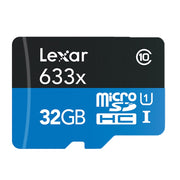 Lexar microSDHC card with 633x speed and 32GB capacity.