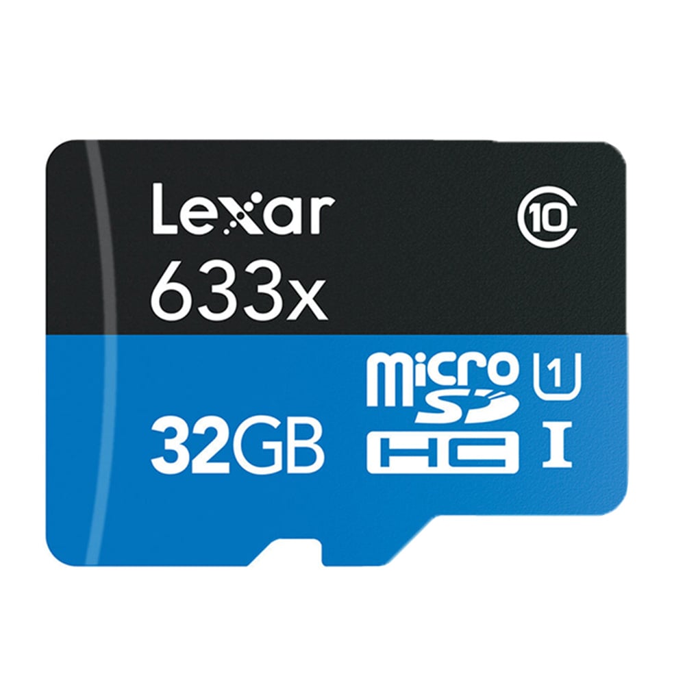 Lexar microSDHC card with 633x speed and 32GB capacity.