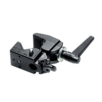 Manfrotto 035 Super Clamp in black cast alloy with ergonomic lever, 15 kg load capacity, and 13–55 mm clamp range for round tubes.