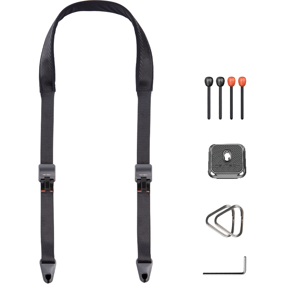 PGYTECH Camera Strap in Night Black with quick-release buckles, padded shoulder support, and adjustable design for DSLR and mirrorless cameras.