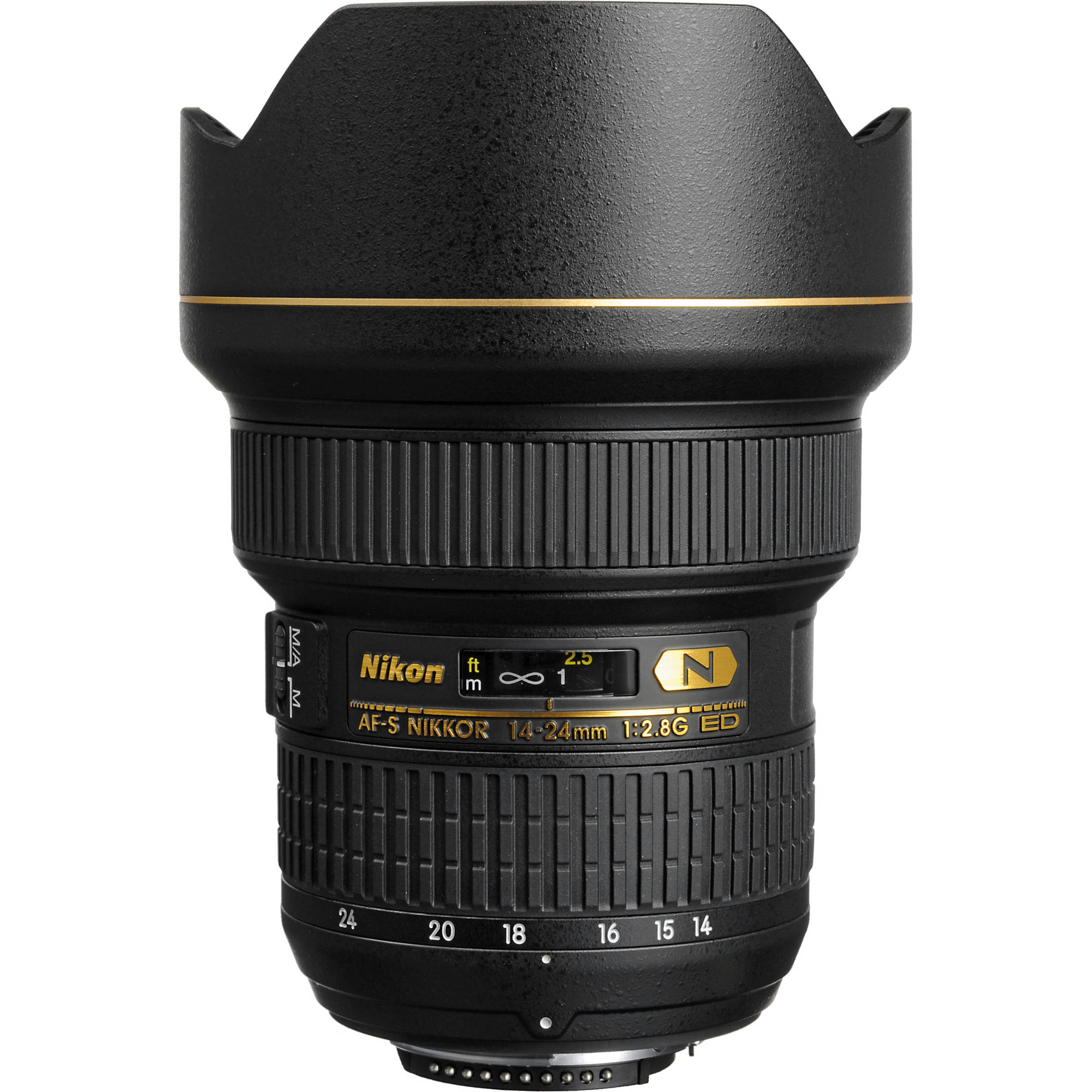 Nikon camera lens with focus ring and brand logo on a white background