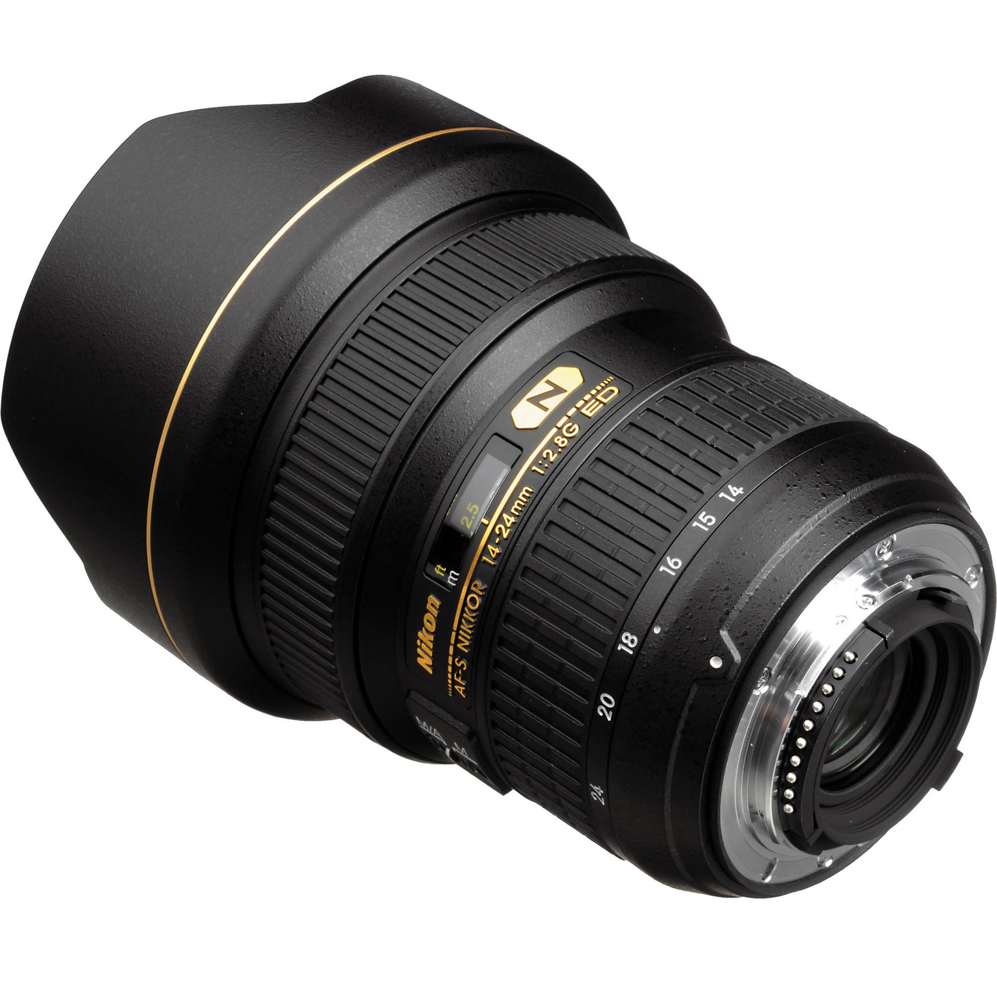 Camera lens with Nikon branding on a white background