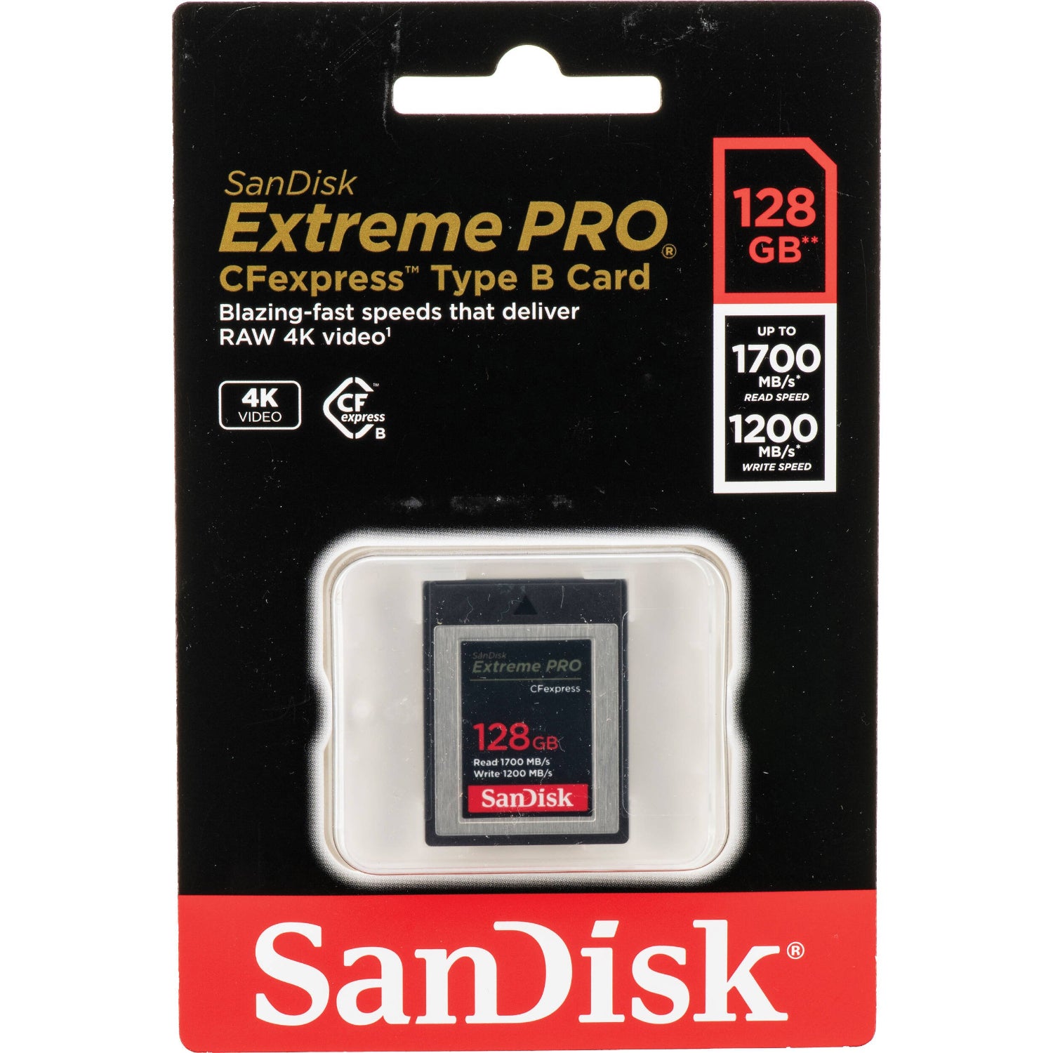 The SanDisk 128GB Extreme PRO CFexpress Memory Card Type B boasts high-speed, consistent recording at read speeds of up to 1700MBs and 1200MBs write speeds.