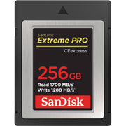 The SanDisk 256GB Extreme PRO CFexpress Memory Card Type B boasts high-speed, consistent recording at read speeds of up to 1700MBs and 1200MBs write speeds.