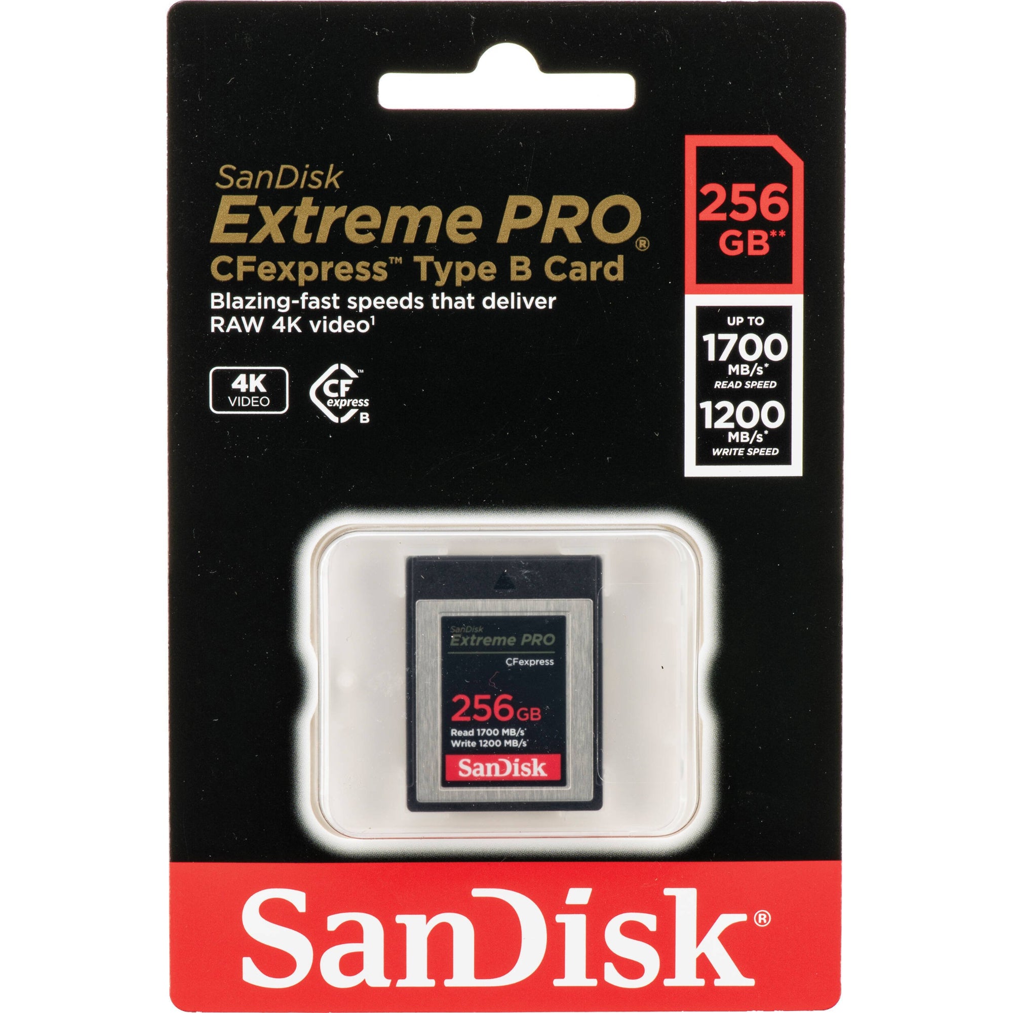 The SanDisk 256GB Extreme PRO CFexpress Memory Card Type B boasts high-speed, consistent recording at read speeds of up to 1700MBs and 1200MBs write speeds.