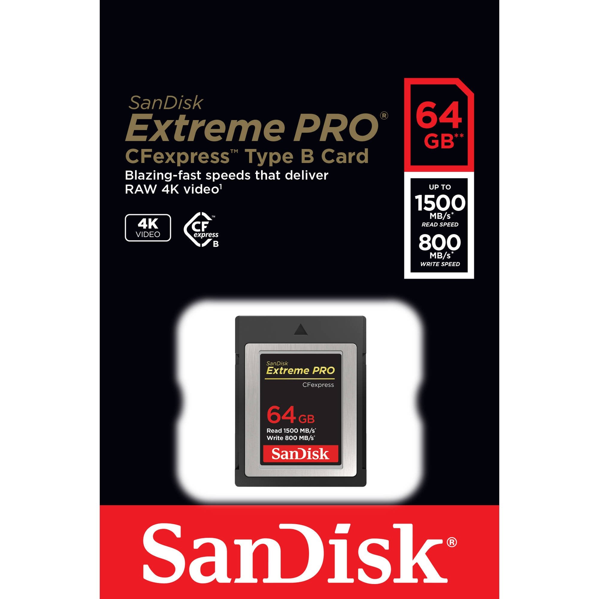 The 64GB Extreme PRO CFexpress Memory Card Type B boasts high-speed, consistent recording at read speeds of up to 1500MBs and 800MBs write speeds.