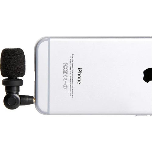 Saramonic SmartMic ultra-compact electret condenser microphone with 3.5mm TRRS connector, cardioid polar pattern, 35 Hz to 18 kHz frequency response, built-in shockmount to reduce handling noise, lightweight 21g, plug-and-play with no battery required for iOS, Mac, and Android devices.