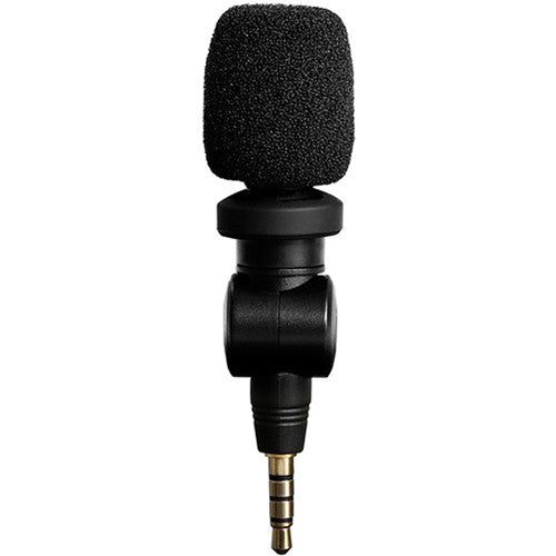 Saramonic SmartMic ultra-compact electret condenser microphone with 3.5mm TRRS connector, cardioid polar pattern, 35 Hz to 18 kHz frequency response, built-in shockmount to reduce handling noise, lightweight 21g, plug-and-play with no battery required for iOS, Mac, and Android devices.