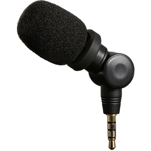 Saramonic SmartMic ultra-compact electret condenser microphone with 3.5mm TRRS connector, cardioid polar pattern, 35 Hz to 18 kHz frequency response, built-in shockmount to reduce handling noise, lightweight 21g, plug-and-play with no battery required for iOS, Mac, and Android devices.