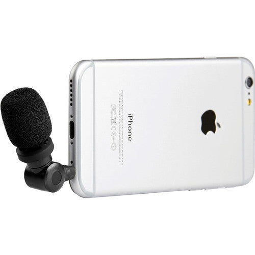 Saramonic SmartMic ultra-compact electret condenser microphone with 3.5mm TRRS connector, cardioid polar pattern, 35 Hz to 18 kHz frequency response, built-in shockmount to reduce handling noise, lightweight 21g, plug-and-play with no battery required for iOS, Mac, and Android devices.