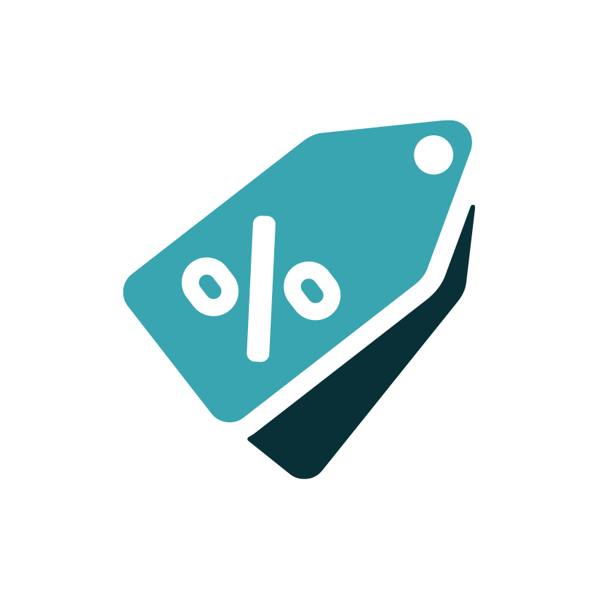 Blue price tag icon with a percentage symbol on a white background