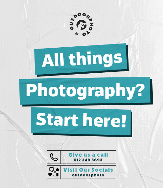 Promotional graphic for outdoor photo services with text and contact information.