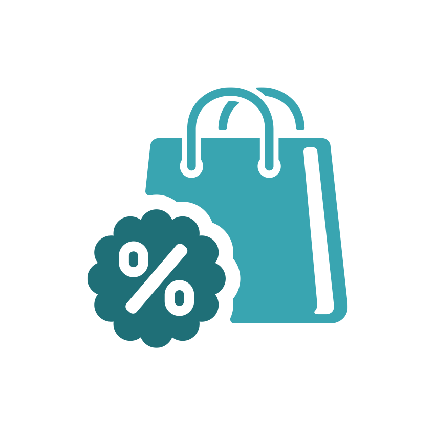 Teal shopping bag with a discount percentage symbol on a white background