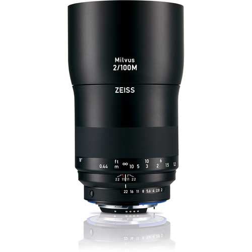 Zeiss Milvus 100mm f/2 Macro ZF.2 for Nikon F. Telephoto macro lens with 1:2 magnification, fast f/2 aperture, and weather-sealed metal construction.