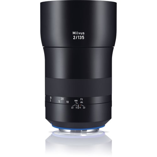 Zeiss Milvus 135mm f/2 ZE for Canon EF. Medium telephoto prime lens with Sonnar design, f/2 aperture, manual focus, and weather-sealed build.