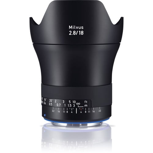 Zeiss Milvus 18mm f/2.8 ZE for Canon EF. Super wide angle prime lens with f/2.8 aperture, advanced optics, manual focus, and weather-sealed build.