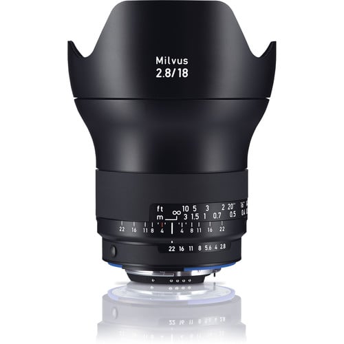 Zeiss Milvus 18mm f/2.8 ZF.2 for Nikon F. Super wide angle prime lens with f/2.8 aperture, aspherical optics, manual focus, and durable weather-sealed body.