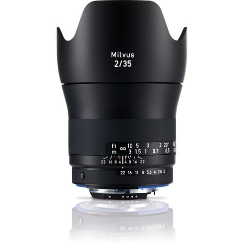 Zeiss Milvus 35mm f/2 ZF.2 for Nikon F. Wide angle prime lens with f/2 aperture, sharp optics, manual focus, and durable weather-sealed construction.