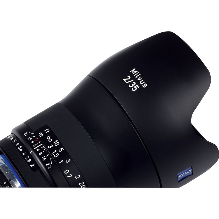 Zeiss Milvus 35mm f/2 ZF.2 for Nikon F. Wide angle prime lens with f/2 aperture, sharp optics, manual focus, and durable weather-sealed construction.