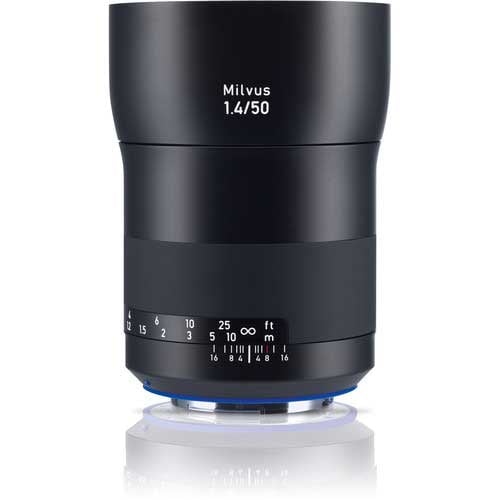 Zeiss Milvus 50mm f/1.4 ZE for Canon EF. Standard prime lens with bright f/1.4 aperture, sharp optics, manual focus, and durable all-metal weather-sealed build.