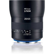Zeiss Milvus 50mm f/2 Macro ZE for Canon EF. Standard prime lens with 1:2 macro magnification, sharp optics, f/2 aperture, and weather-sealed all-metal build.