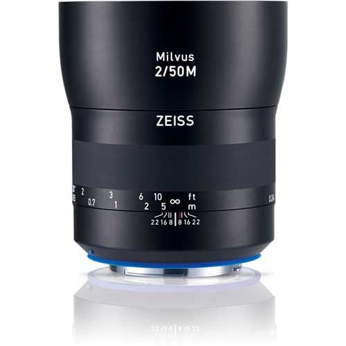 Zeiss Milvus 50mm f/2 Macro ZE for Canon EF. Standard prime lens with 1:2 macro magnification, sharp optics, f/2 aperture, and weather-sealed all-metal build.