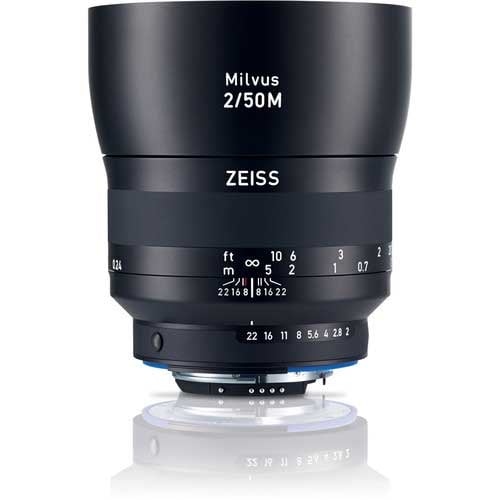 Zeiss Milvus 50mm f/2 Macro ZF.2 for Nikon F. Standard prime lens with 1:2 macro, f/2 aperture, sharp optics, manual focus, and weather-sealed build.