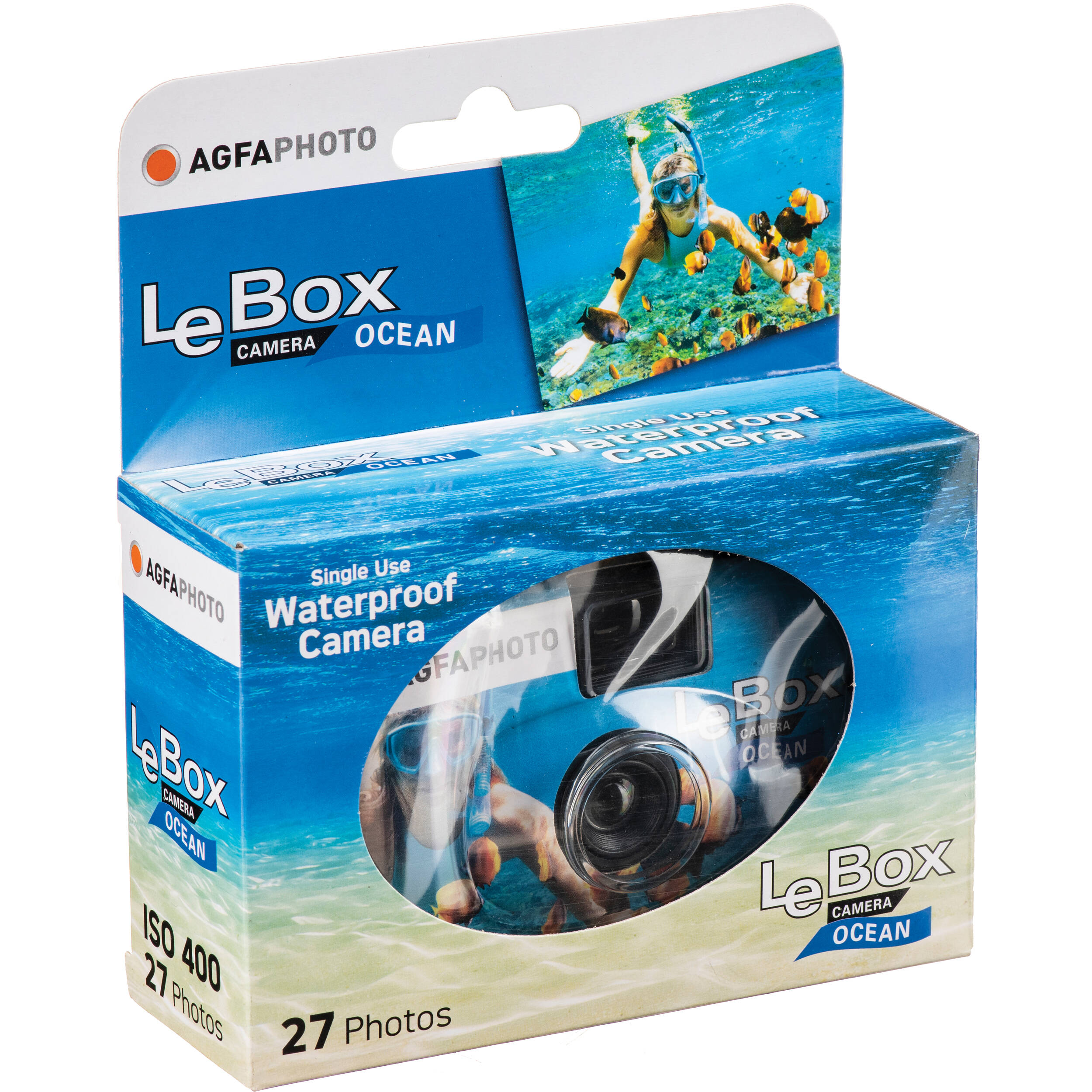 AgfaPhoto LeBox Disposable Camera – Ocean edition in blue housing, waterproof to 5 m, with built-in viewfinder and fixed-focus lens, preloaded with 27 exposures of ISO 400 film.