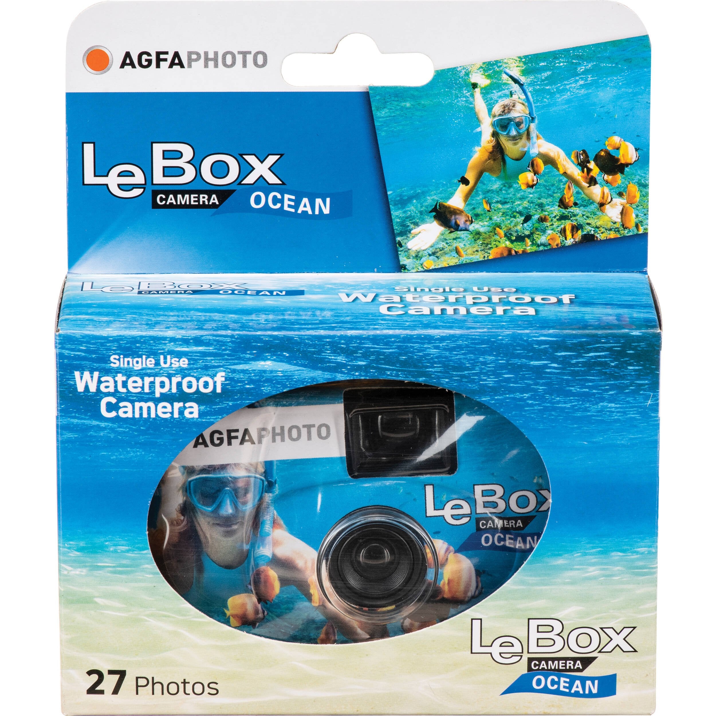 AgfaPhoto LeBox Disposable Camera – Ocean edition in blue housing, waterproof to 5 m, with built-in viewfinder and fixed-focus lens, preloaded with 27 exposures of ISO 400 film.