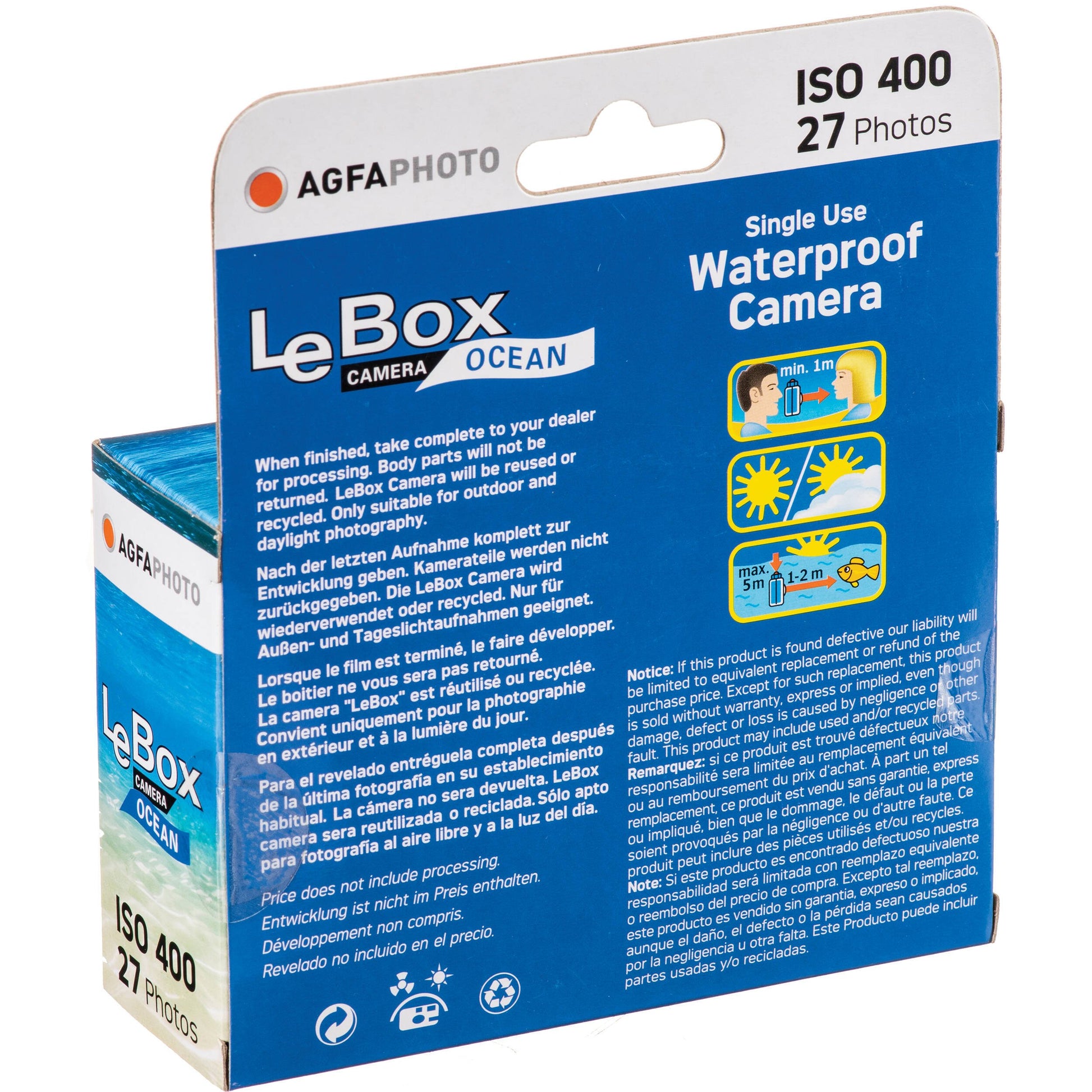 AgfaPhoto LeBox Disposable Camera – Ocean edition in blue housing, waterproof to 5 m, with built-in viewfinder and fixed-focus lens, preloaded with 27 exposures of ISO 400 film.