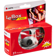 AgfaPhoto LeBox Disposable Flash Camera with 31mm fixed lens, f/9 aperture, built-in flash, 35mm ISO 400 film preloaded with 27 exposures, manual film transport and fixed focus with a minimum distance of 100 cm.