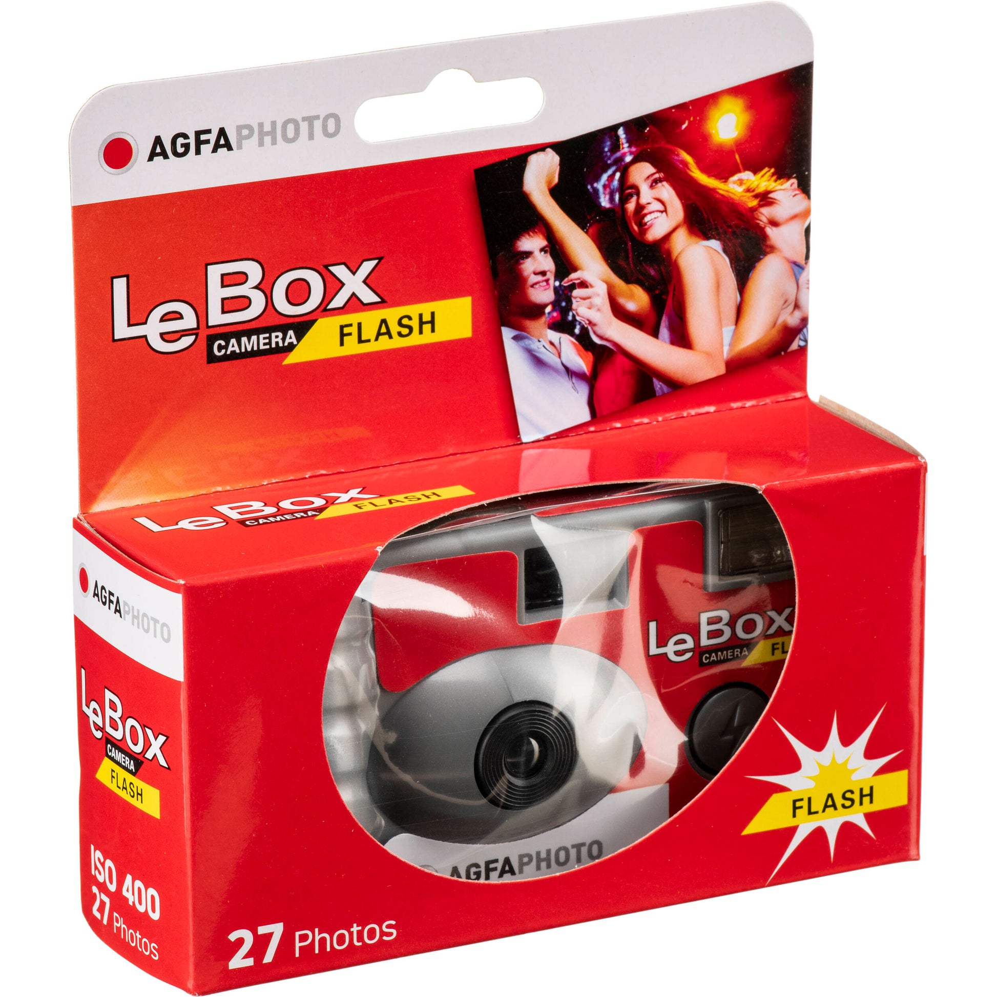AgfaPhoto LeBox Disposable Flash Camera with 31mm fixed lens, f/9 aperture, built-in flash, 35mm ISO 400 film preloaded with 27 exposures, manual film transport and fixed focus with a minimum distance of 100 cm.