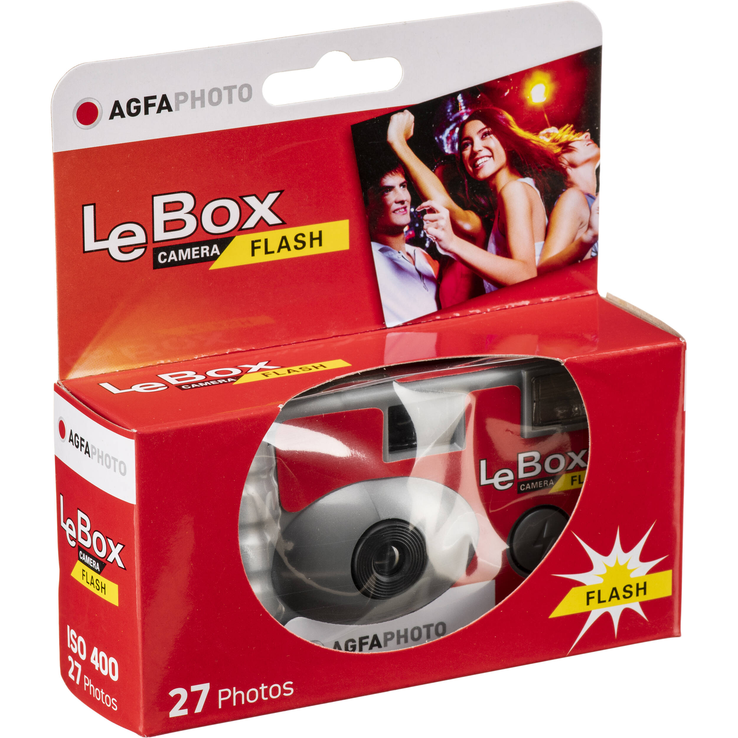AgfaPhoto LeBox Disposable Flash Camera with 31mm fixed lens, f/9 aperture, built-in flash, 35mm ISO 400 film preloaded with 27 exposures, manual film transport and fixed focus with a minimum distance of 100 cm.