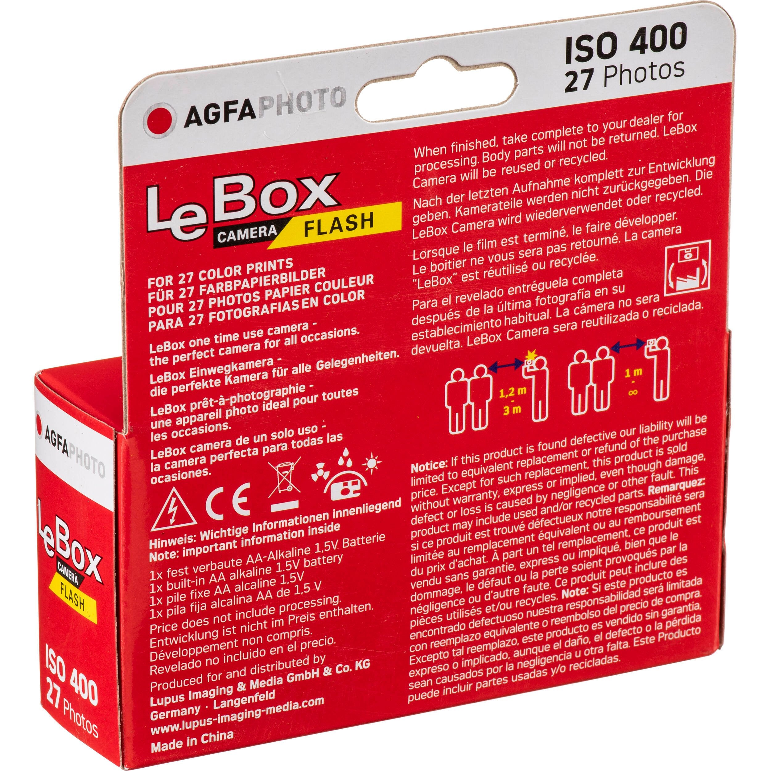 AgfaPhoto LeBox Disposable Flash Camera with 31mm fixed lens, f/9 aperture, built-in flash, 35mm ISO 400 film preloaded with 27 exposures, manual film transport and fixed focus with a minimum distance of 100 cm.