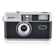 AgfaPhoto 35mm Reusable Film Camera (Black) – compact analog camera with fixed-focus lens and built-in flash, ideal for everyday film photography.