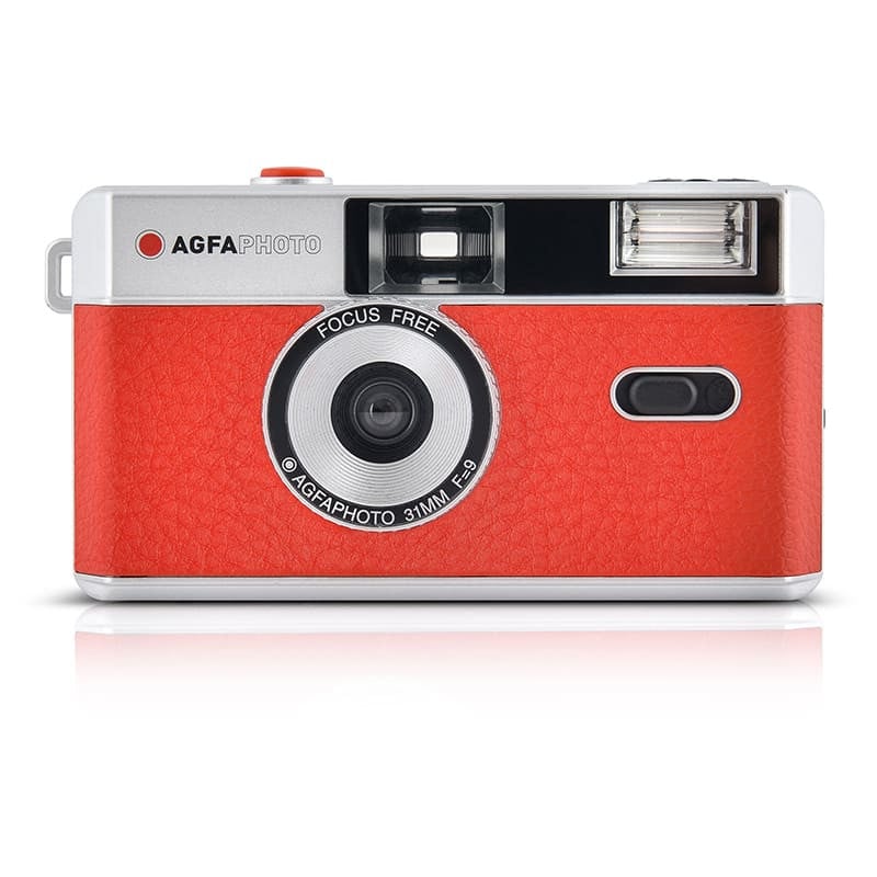 AgfaPhoto 35mm Reusable Film Camera (Red) – stylish point-and-shoot film camera with built-in flash, fixed-focus lens, and lightweight design for fun everyday shooting.